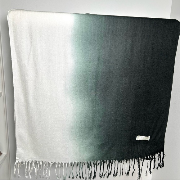 Pashmina Green White Ombre Flat Knotted Fringe Cashmere Wool Silk Scarf NWOT - Picture 4 of 16